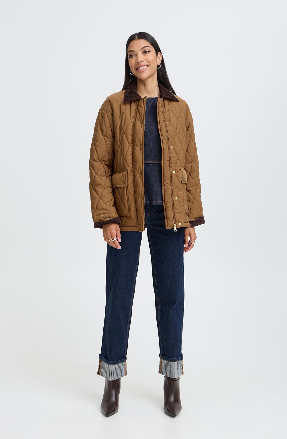 Sepia Quilted Jacket With Corduroy Trim