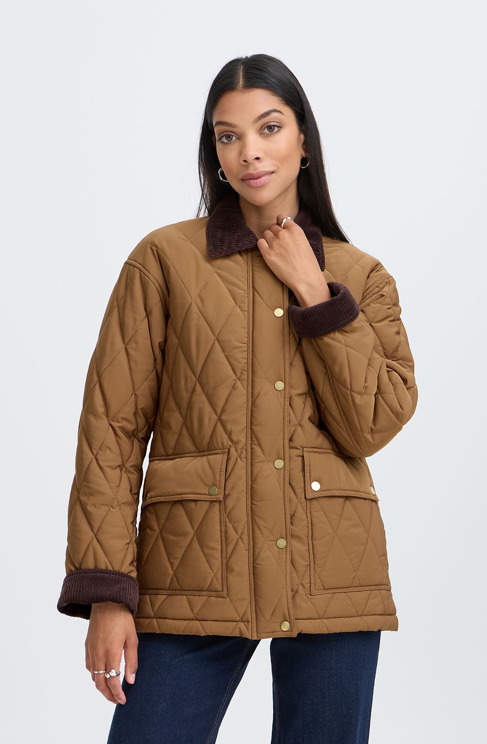Sepia Quilted Jacket With Corduroy Trim