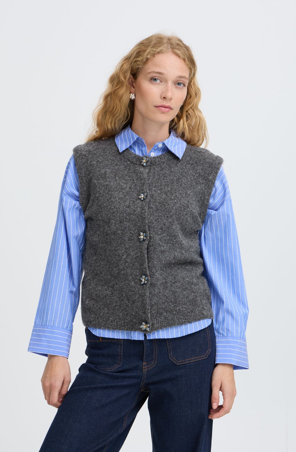 Dark Grey Melange Decorative Button Waistcoat