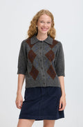 Dark Grey Melange Argyle Short Sleeved Cardigan