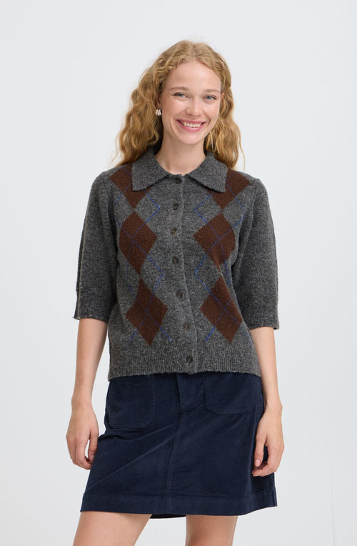 Dark Grey Melange Argyle Short Sleeved Cardigan