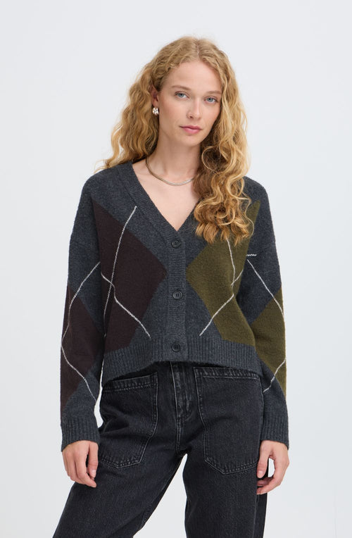 Dark Grey Melange Argyle Cardigan