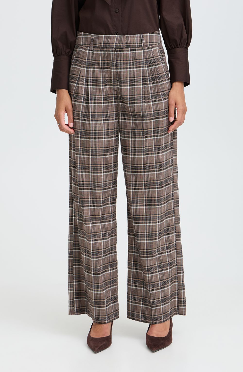 Sepia Check Wide Leg Trousers