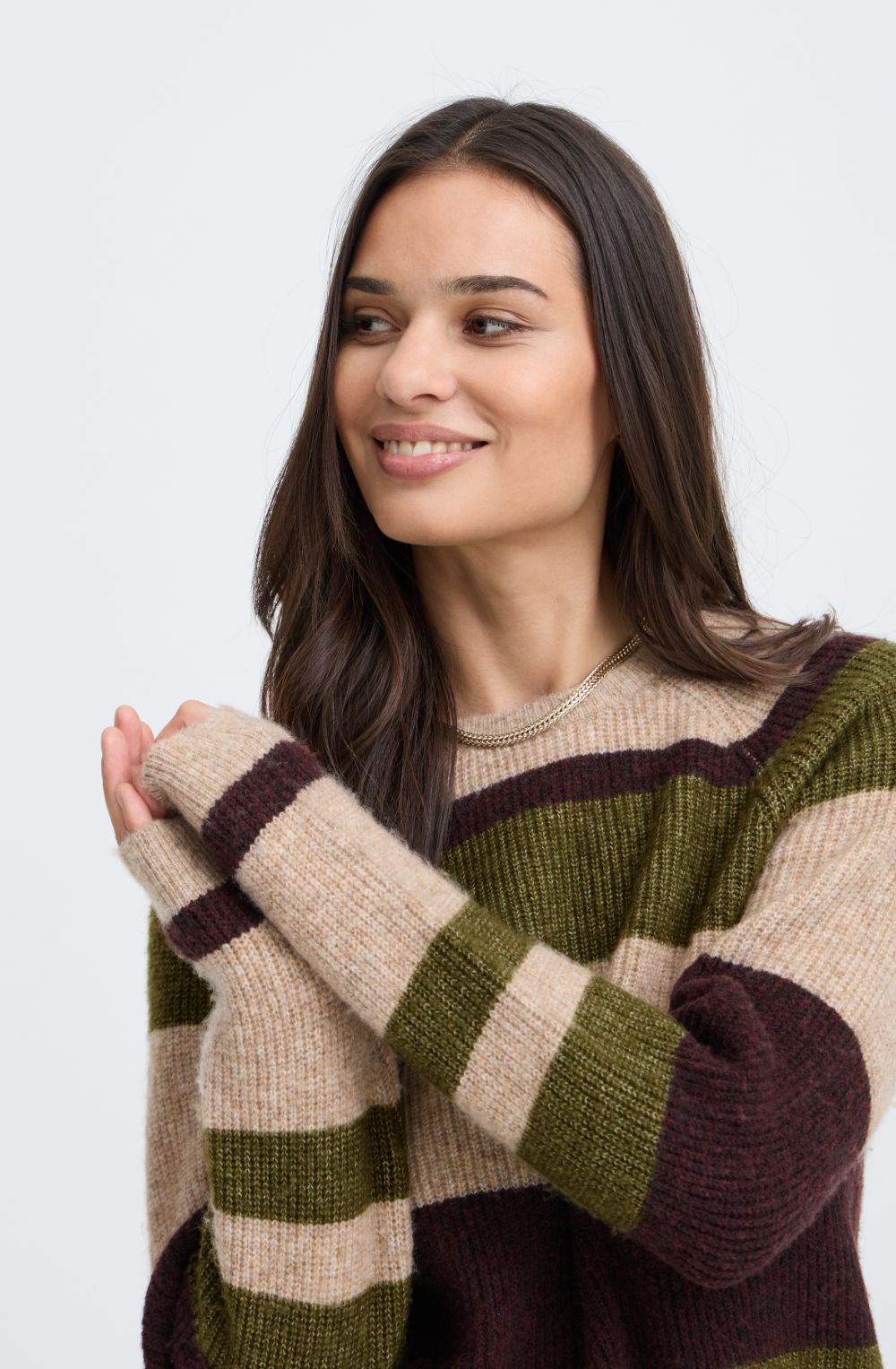 Beige and Avocado Melange Stripe Ribbed Knit Jumper