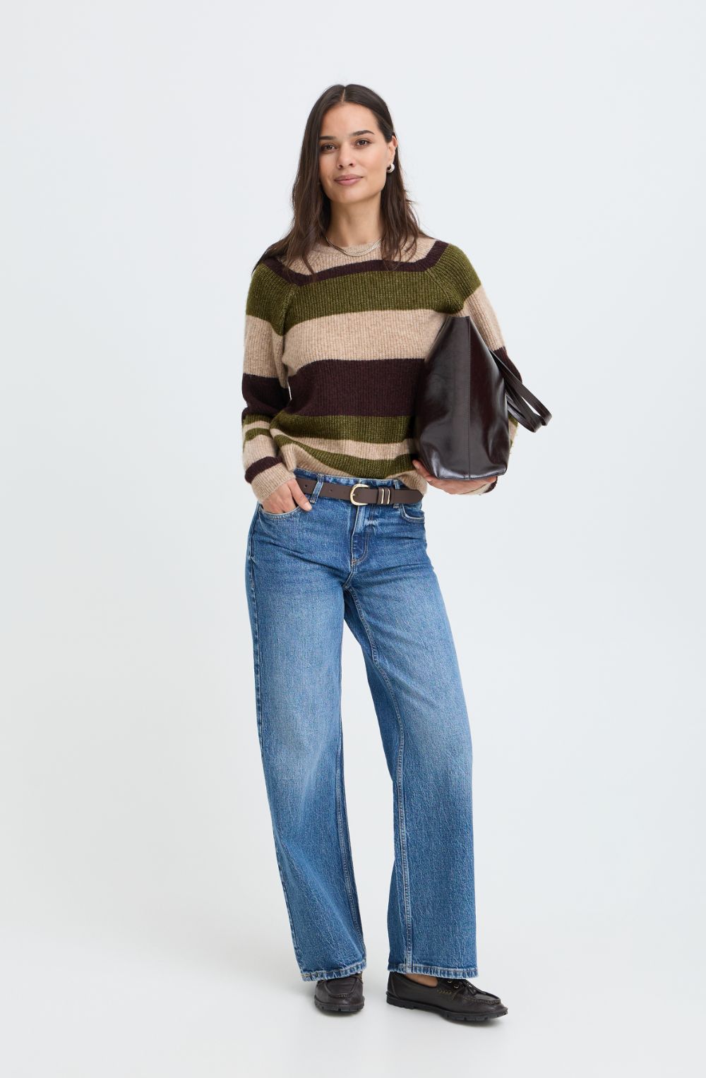 Beige and Avocado Melange Stripe Ribbed Knit Jumper