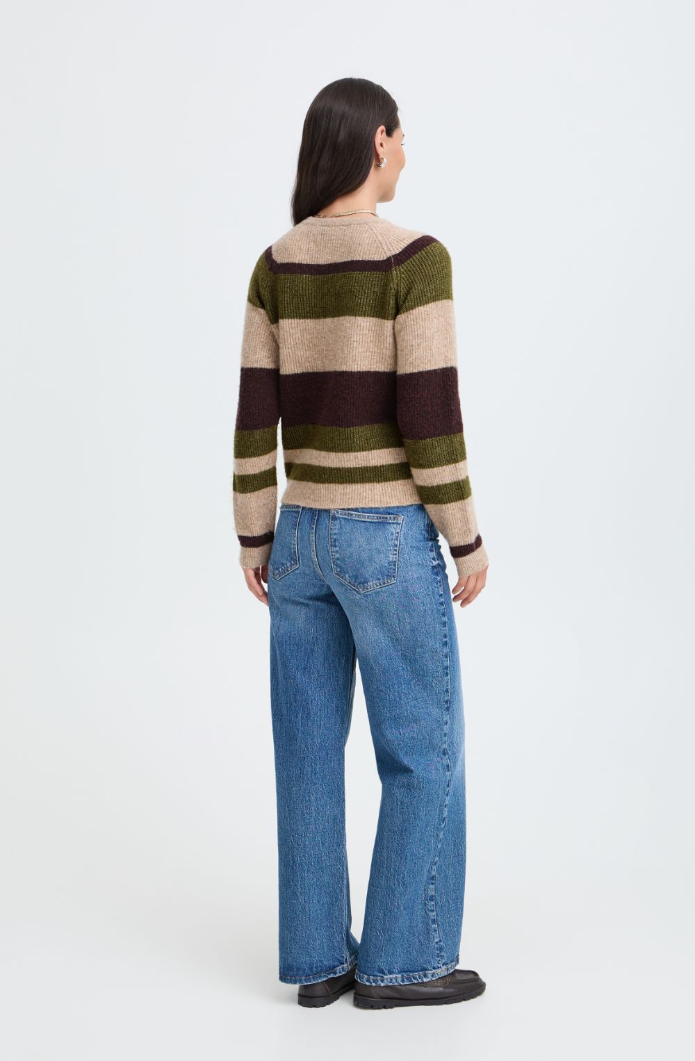 Beige and Avocado Melange Stripe Ribbed Knit Jumper