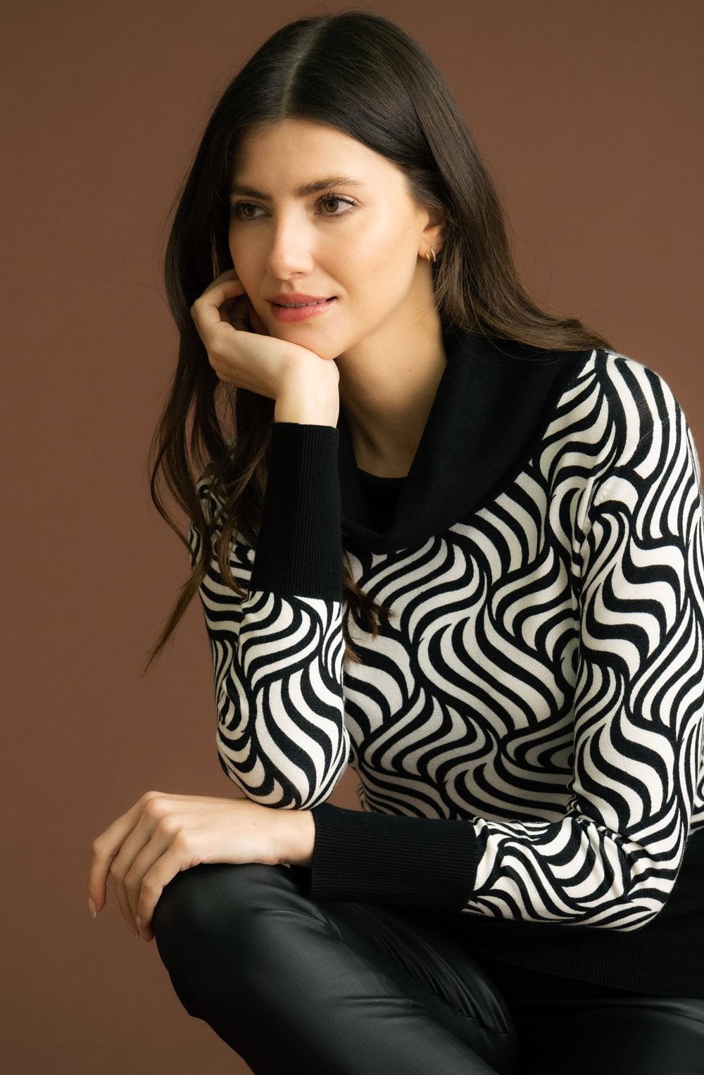 Cream and Black Marbled Roll Neck Jumper