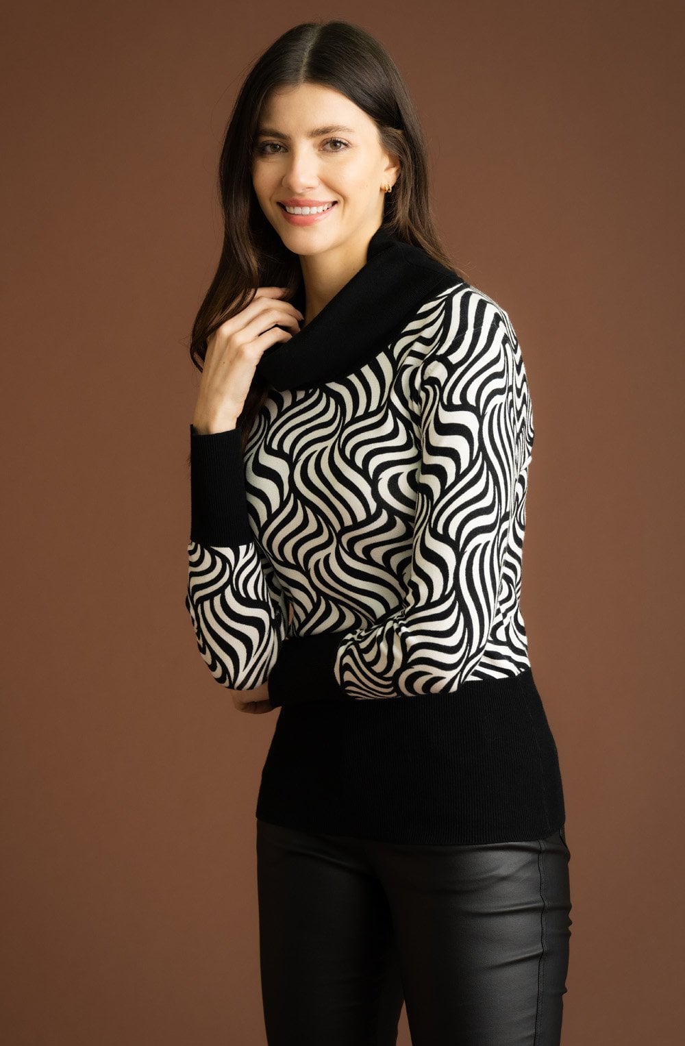 Cream and Black Marbled Roll Neck Jumper