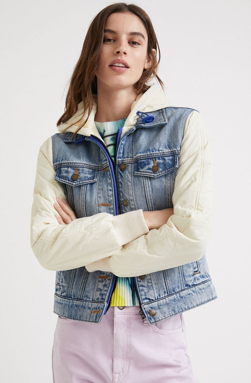 Denim and Quilted Hooded Jacket