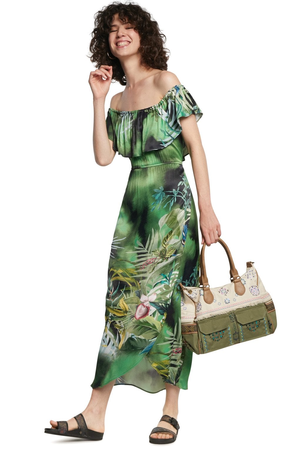 Green Tropical Print Maxi Dress