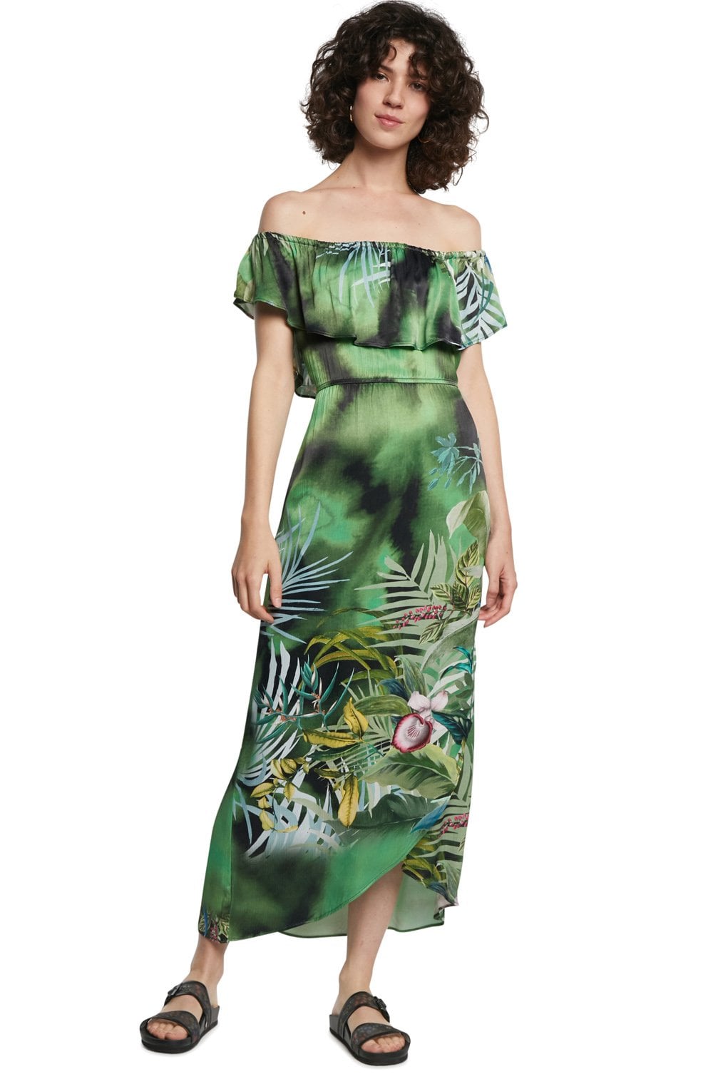 Green Tropical Print Maxi Dress