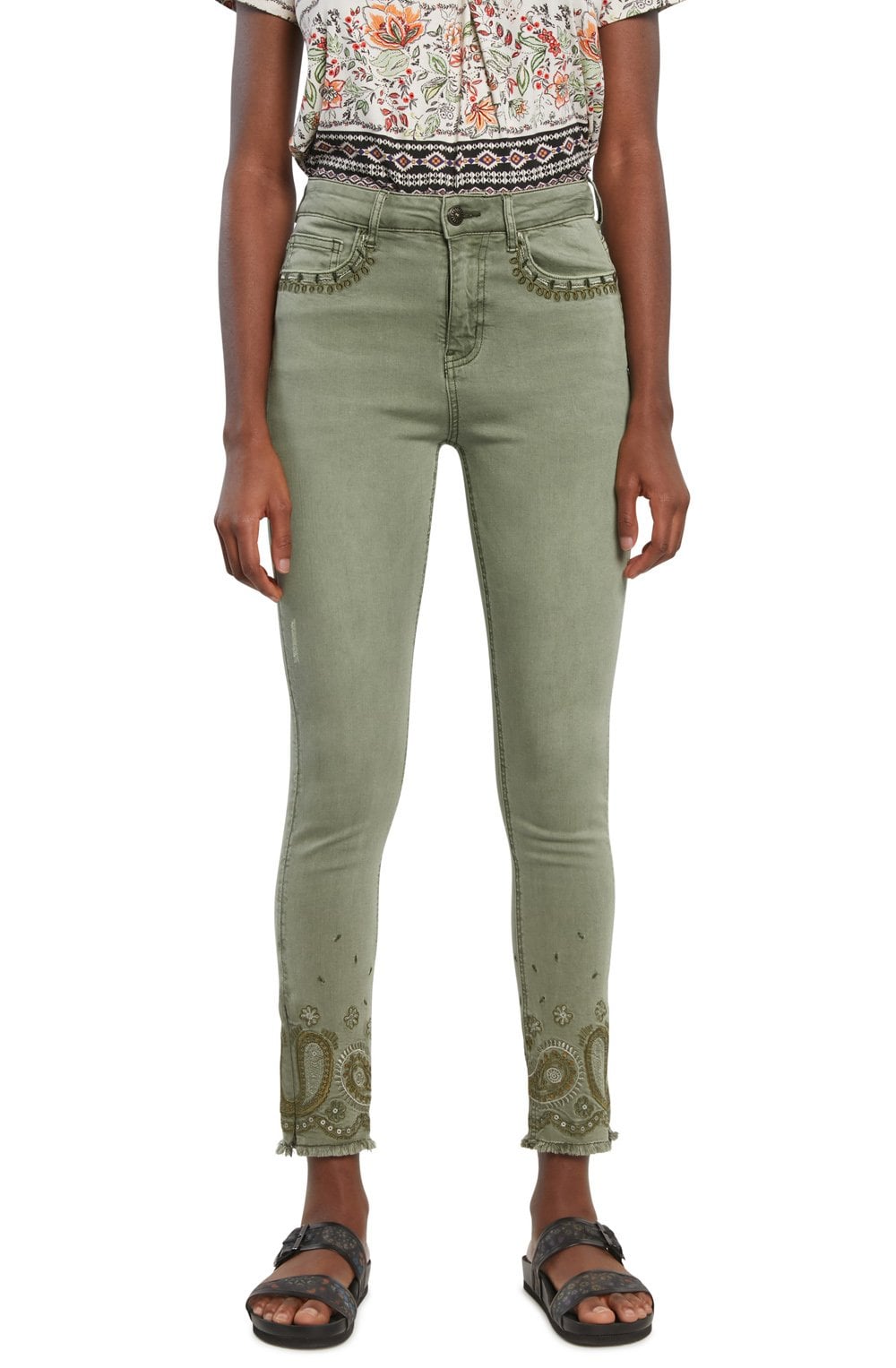 Khaki Embroidered Detail Jeans