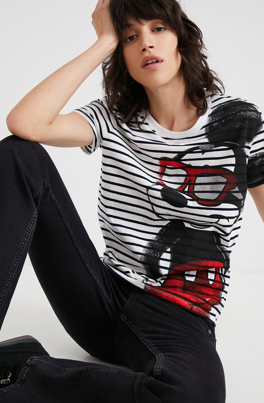 Mickey Mouse White and Navy Striped T Shirt