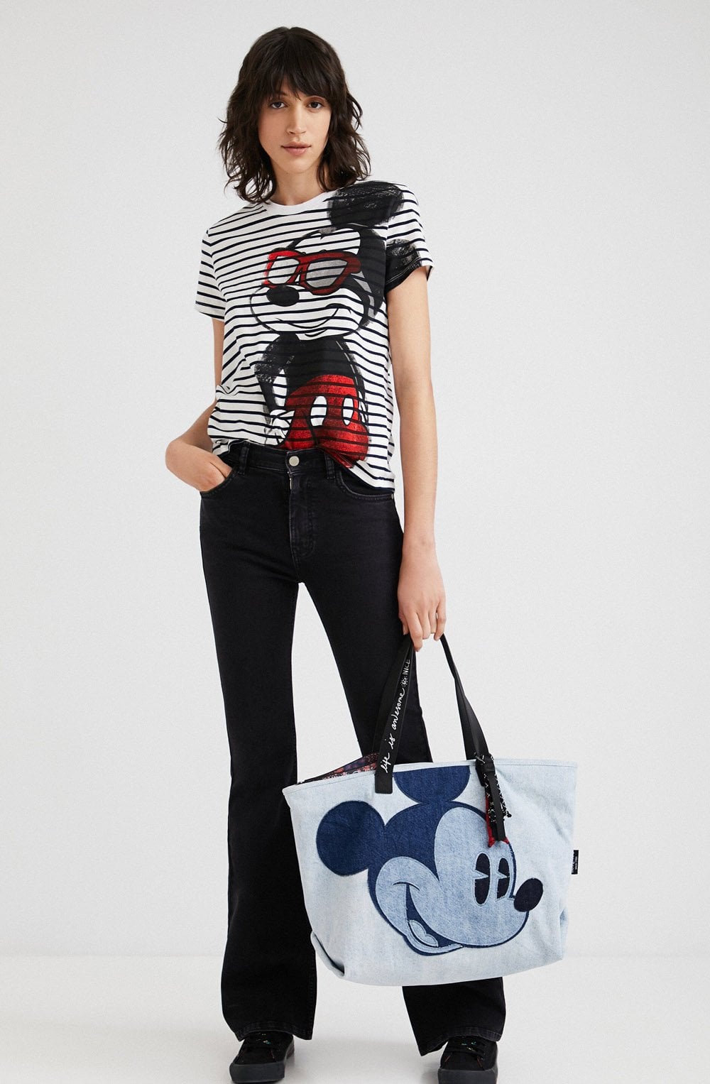 Mickey Mouse White and Navy Striped T Shirt