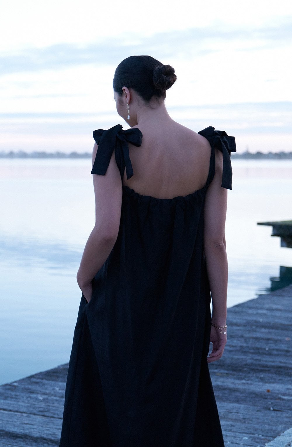 Black Bali Tie Shouldered Linen Dress
