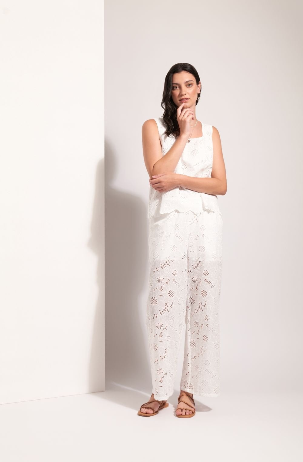 White Floral Broderie Anglaise Trousers