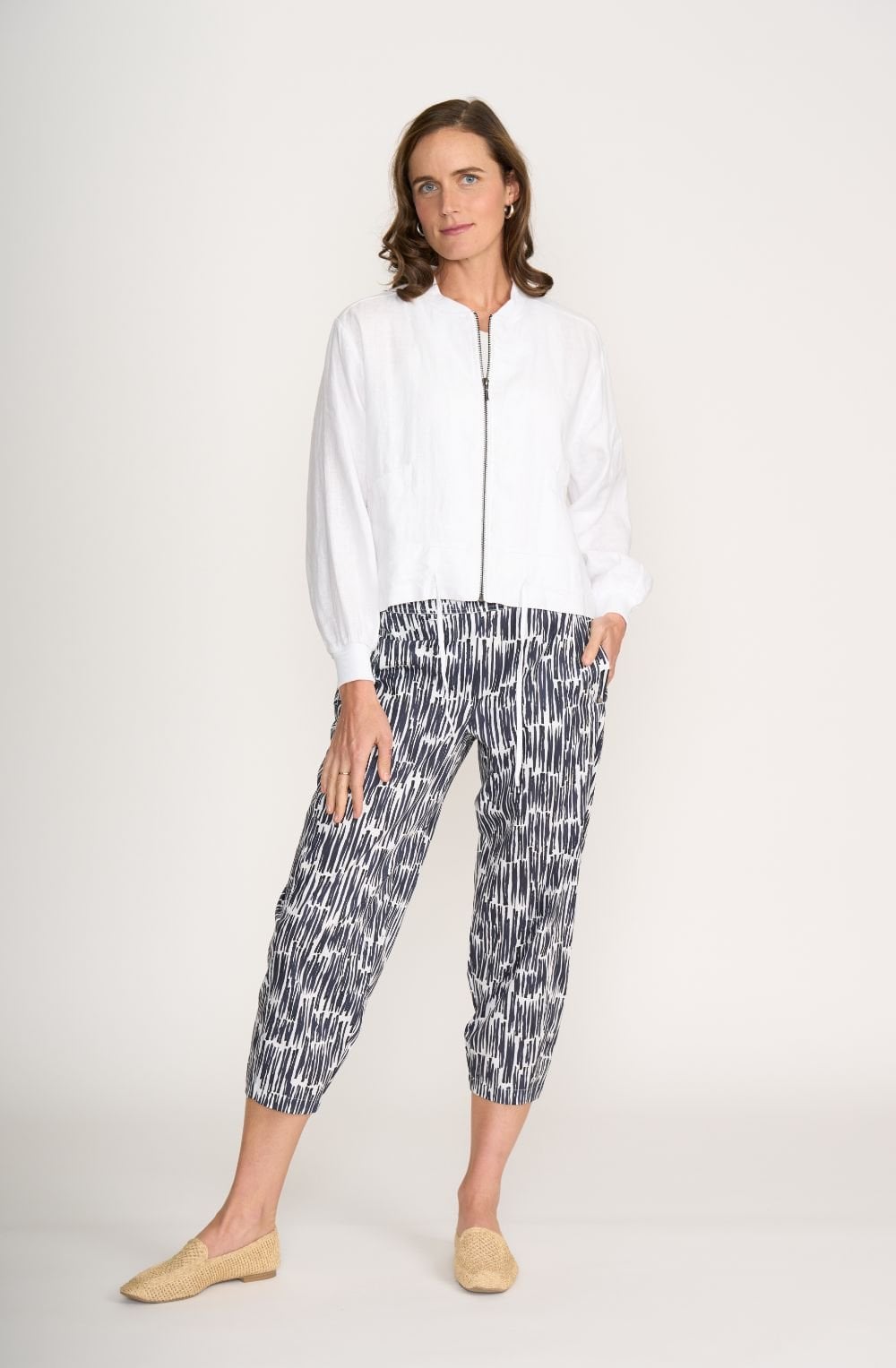 White Linen Bomber Jacket