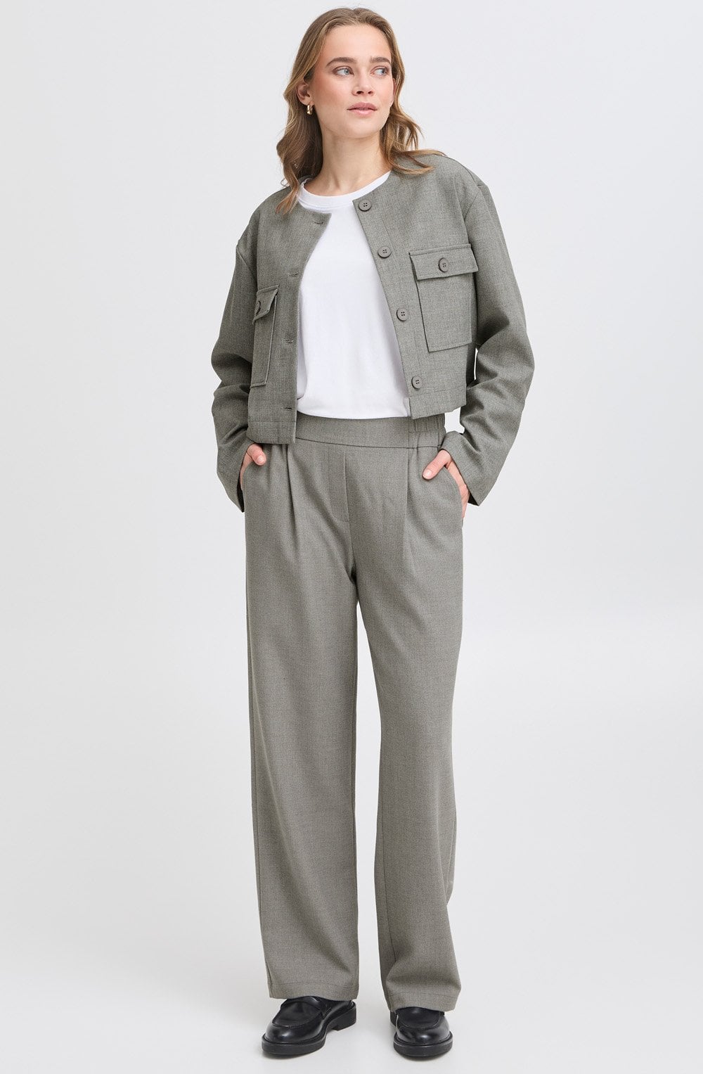 Asphalt Melange Wide Straight Leg Trousers