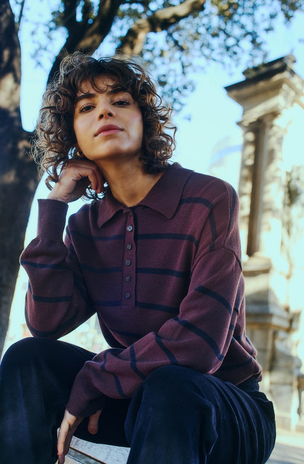 Fudge and Navy Stripe Collared Jumper