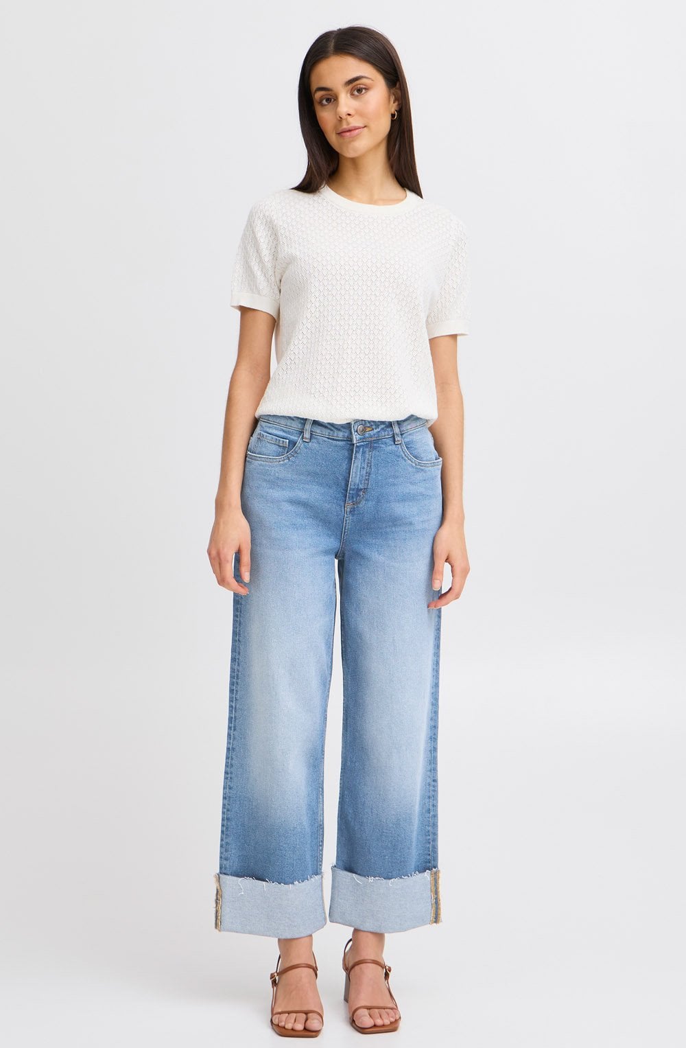 Mid Blue Denim Wide Leg Cropped Jeans