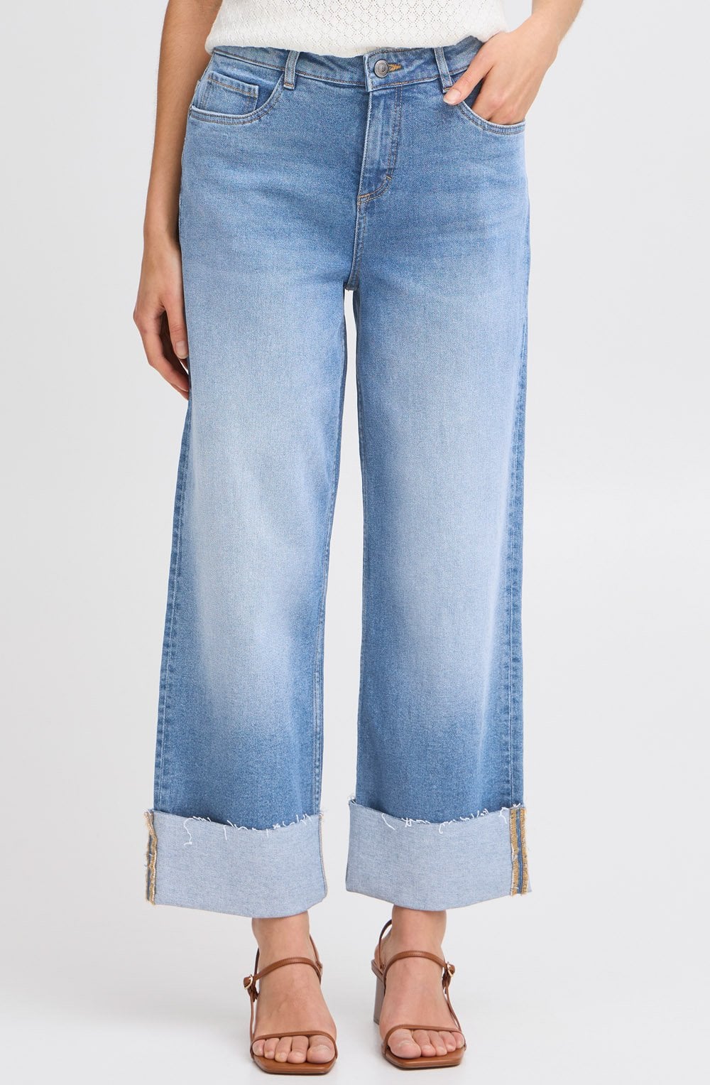 Mid Blue Denim Wide Leg Cropped Jeans