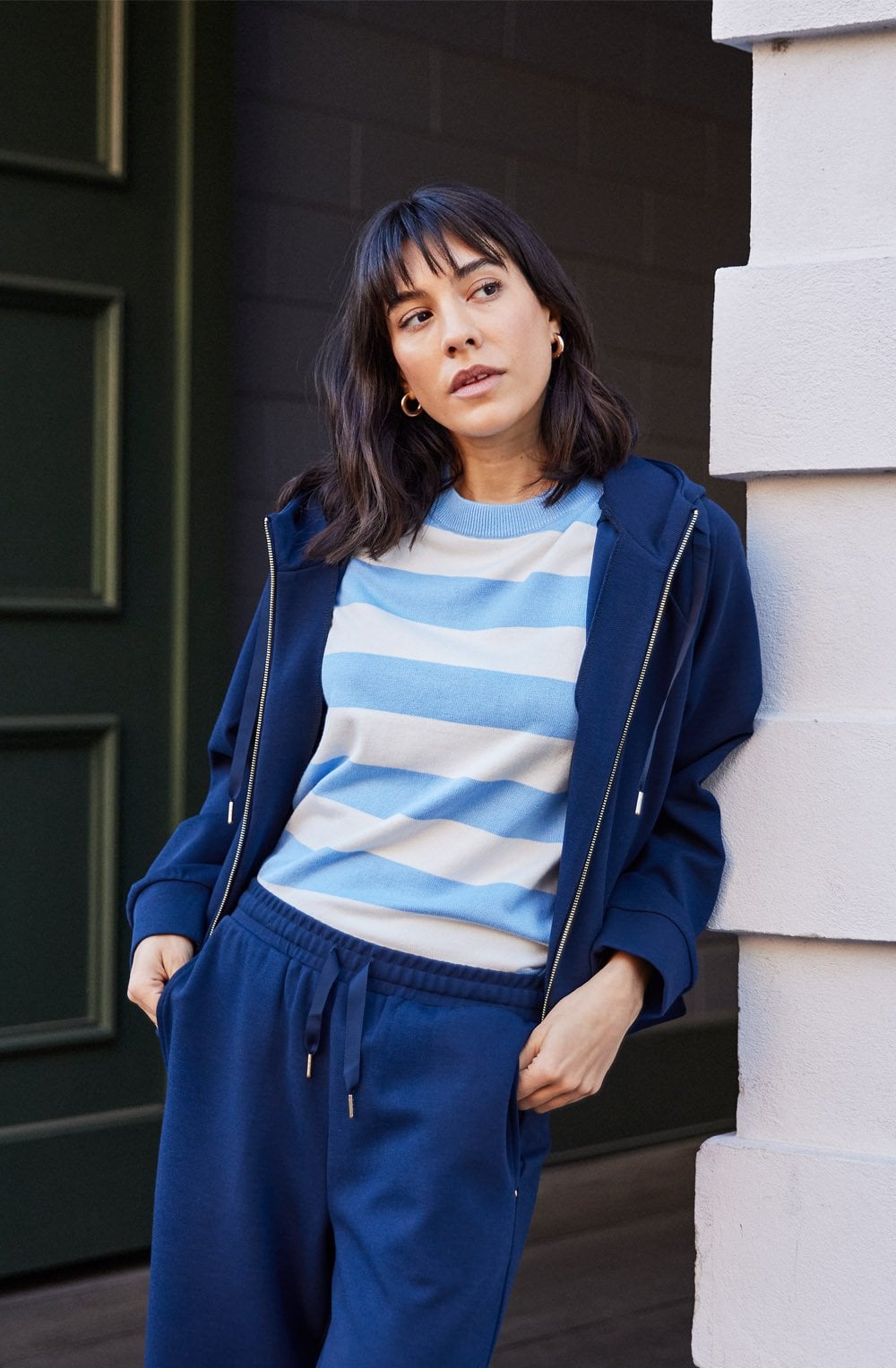 Navy Blazer Textured Jersey Priya Hooded Top