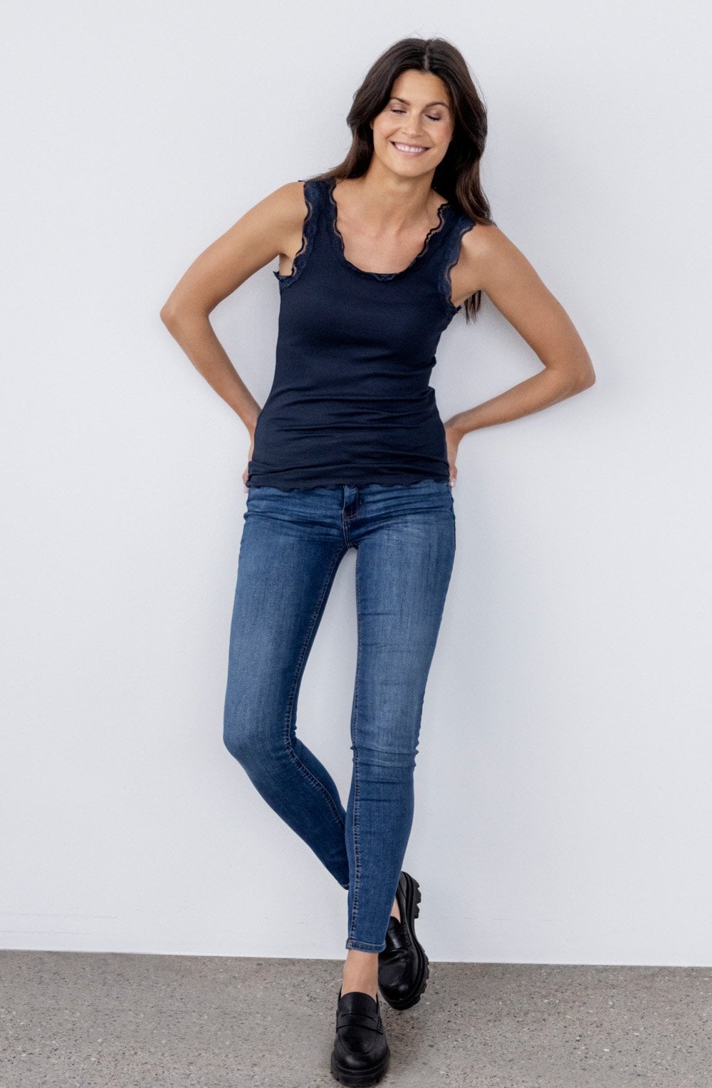 Navy Lace Trimmed Vest Top