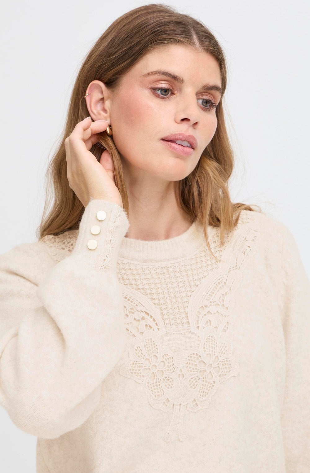 Oatmeal Lace Overlay Round Neck Jumper