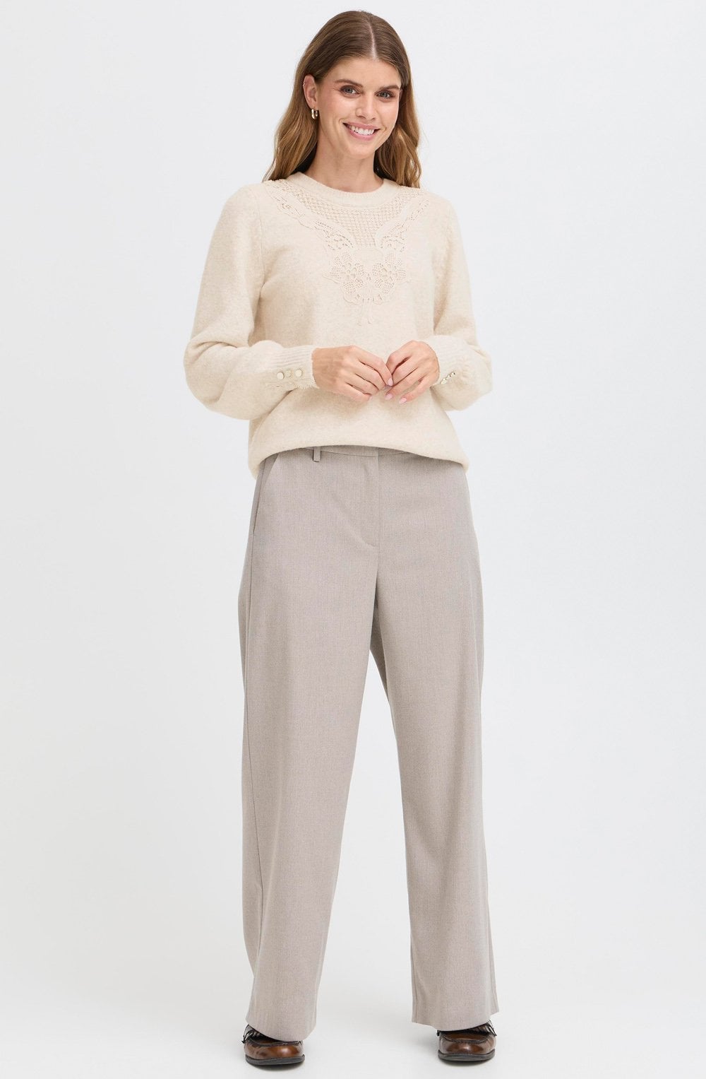 Oatmeal Lace Overlay Round Neck Jumper