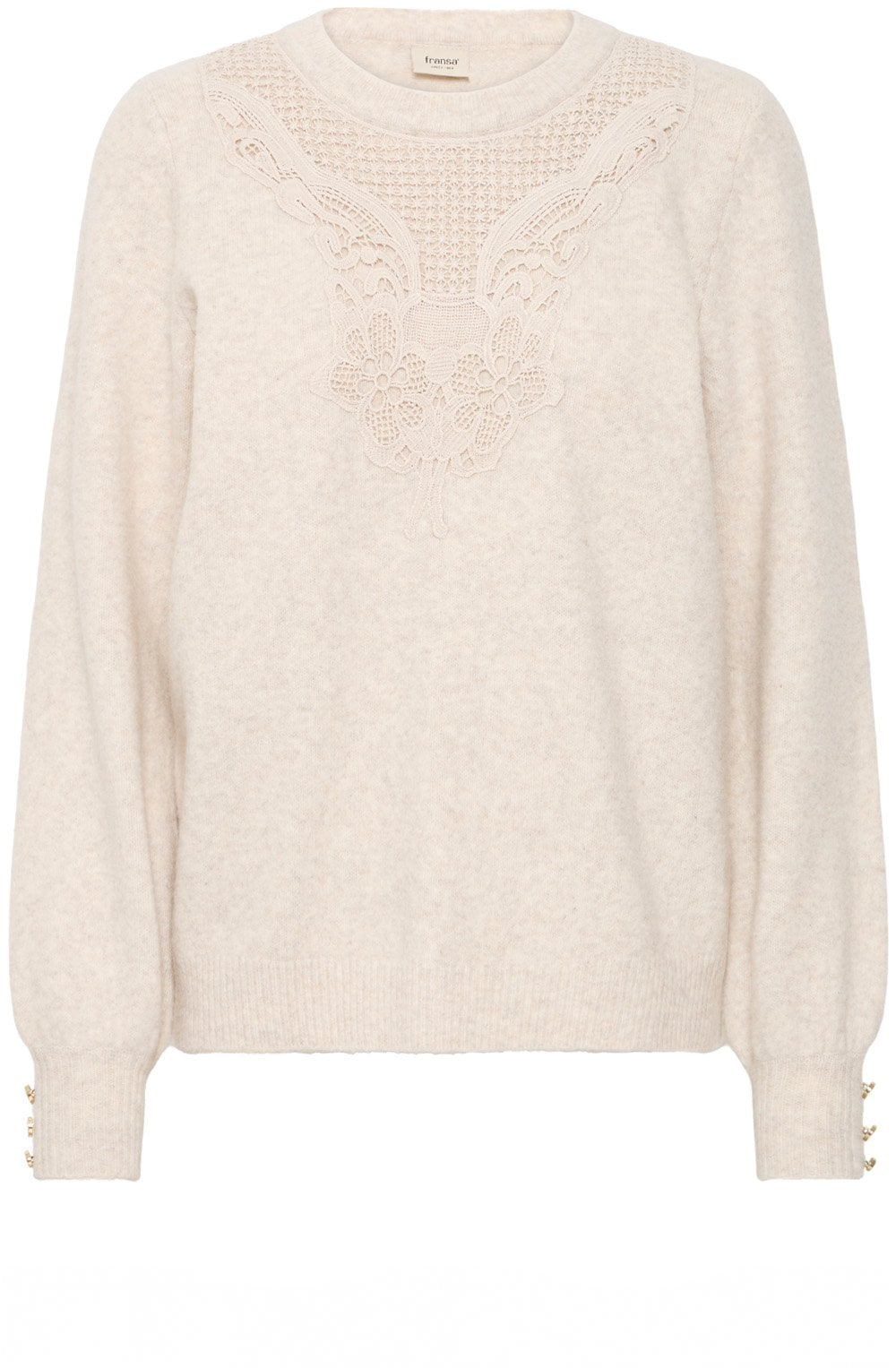 Oatmeal Lace Overlay Round Neck Jumper