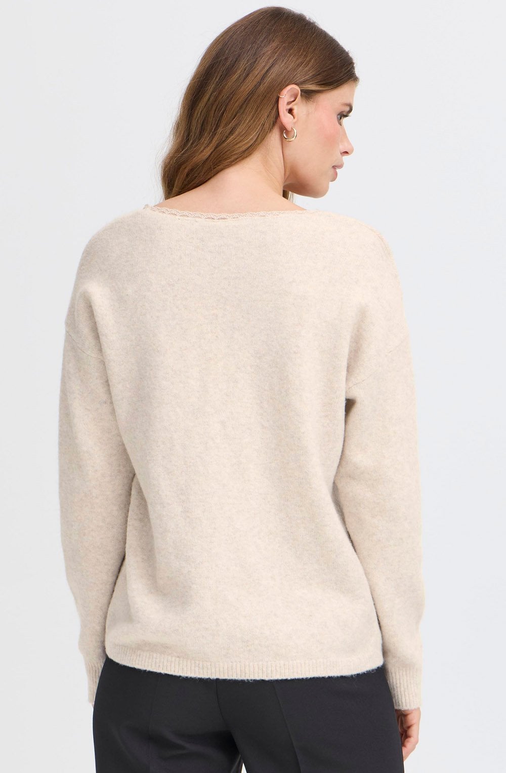 Oatmeal Lace Trim V Neck Jumper