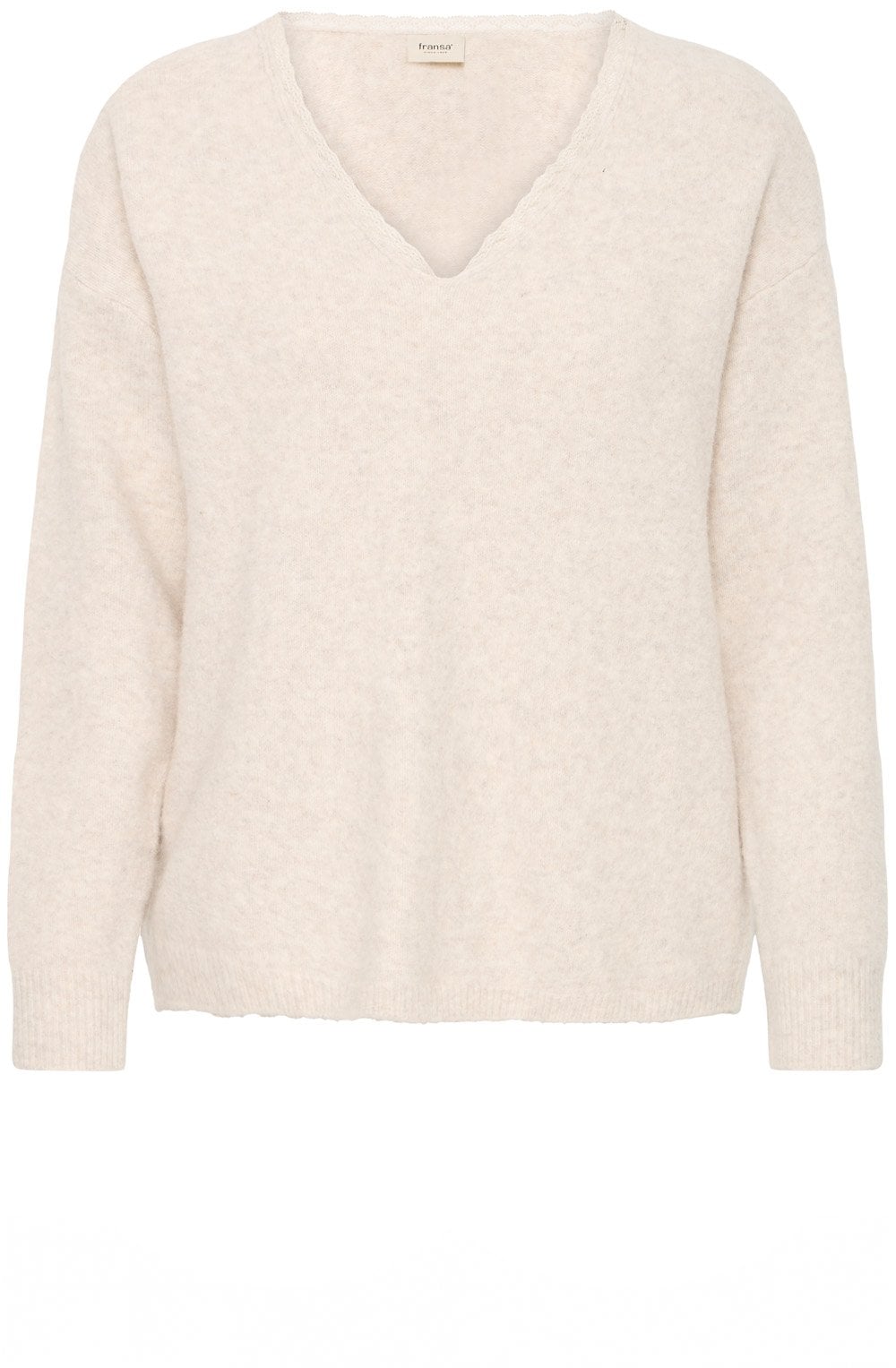 Oatmeal Lace Trim V Neck Jumper