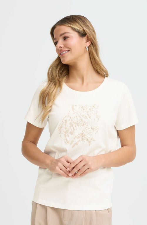 Whisper White Beige Leopard Embroidered T Shirt
