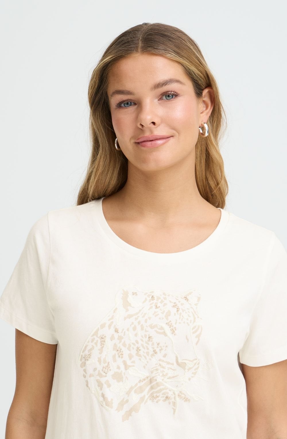 Whisper White Beige Leopard Embroidered T Shirt