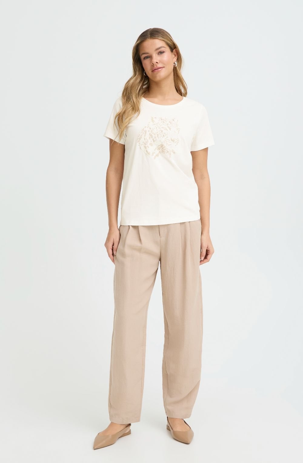 Whisper White Beige Leopard Embroidered T Shirt