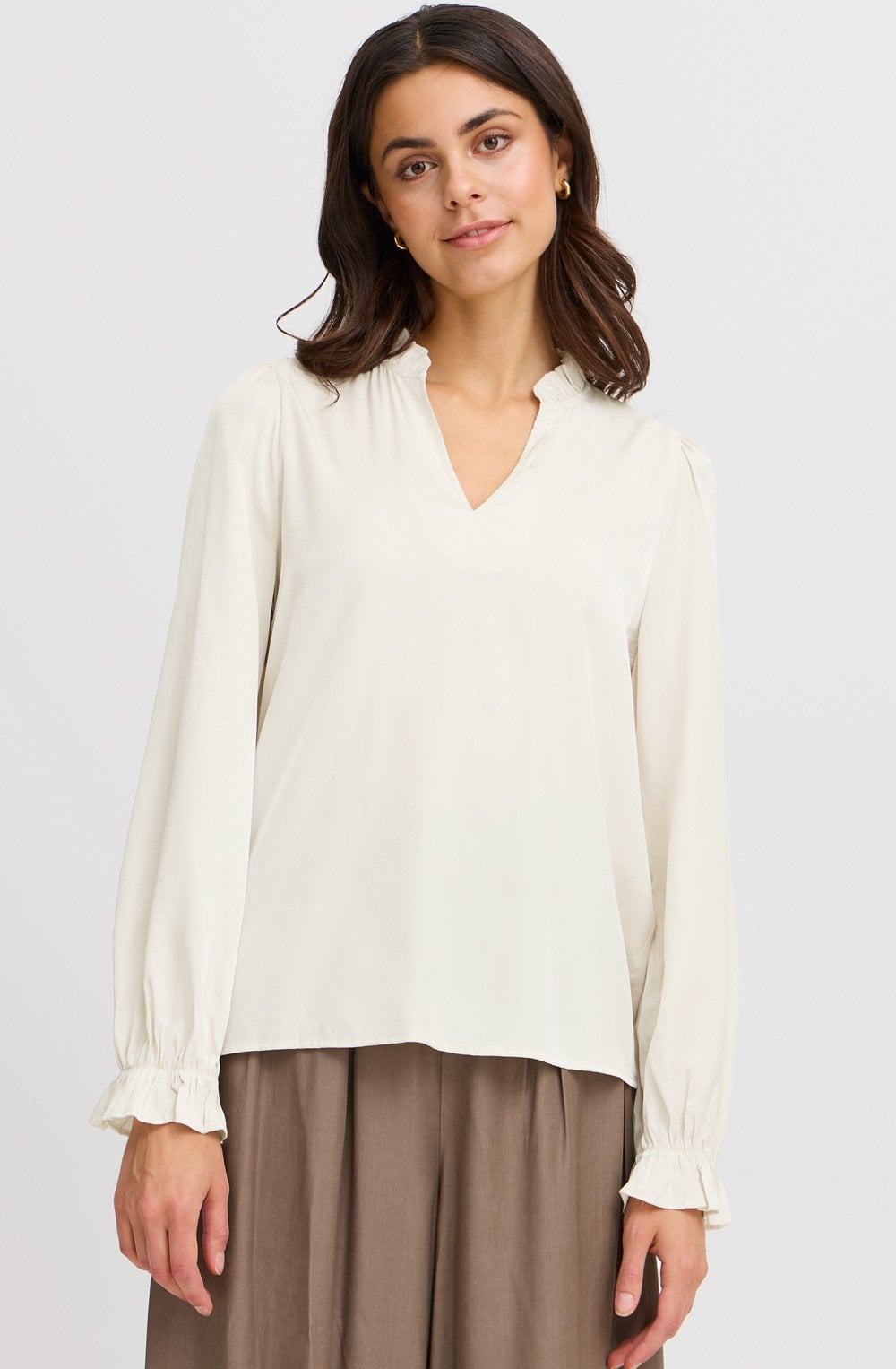 Whisper White Satin Touch Ruffled Blouse