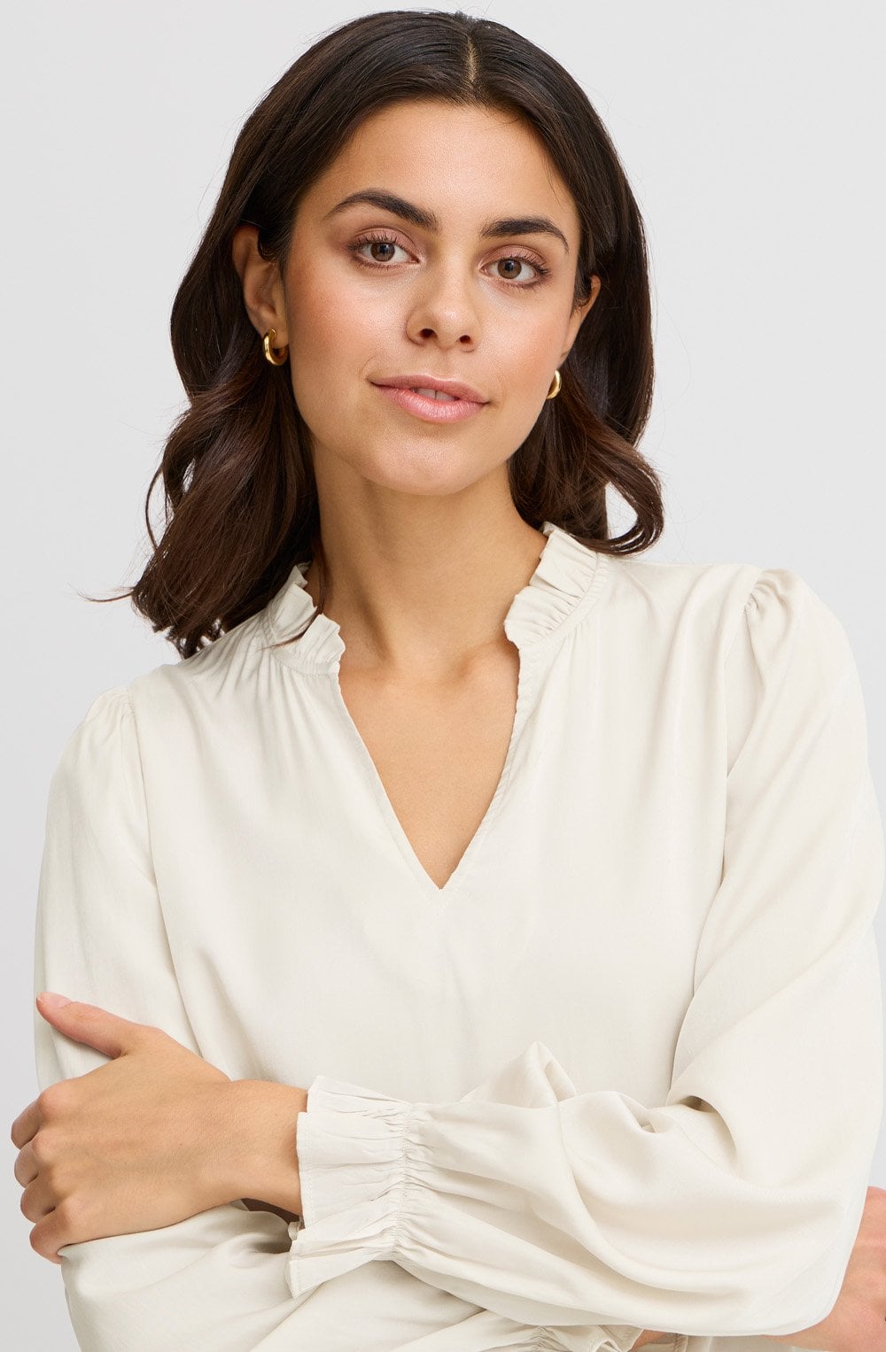 Whisper White Satin Touch Ruffled Blouse