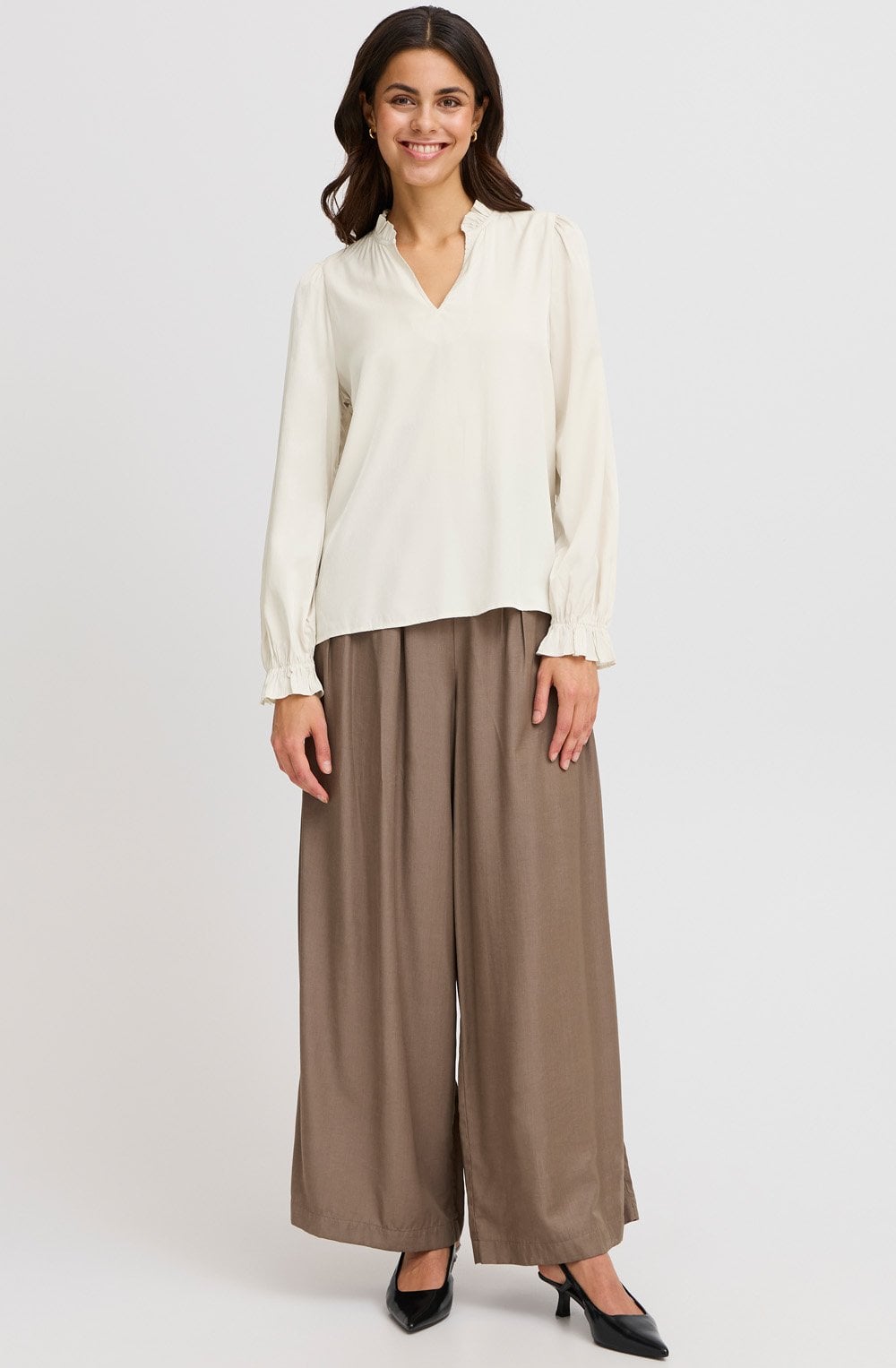 Whisper White Satin Touch Ruffled Blouse