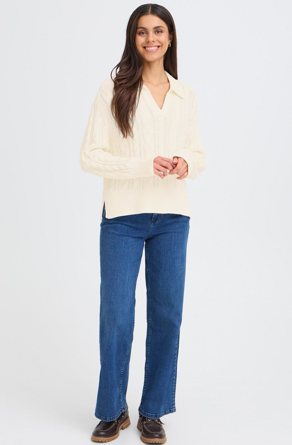 Whisper White Vivian Cable Knit Collared Jumper