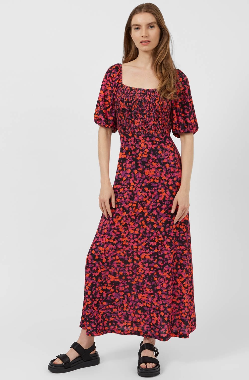 Black Floral Smocked Chest Dress