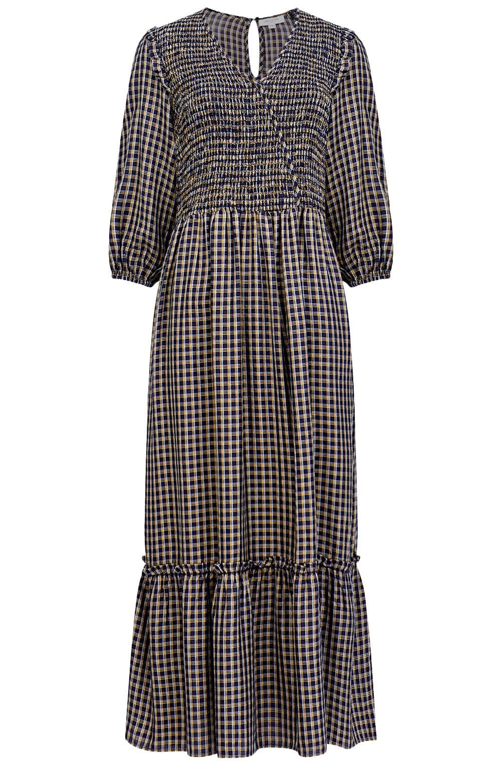 Indigo Soft Check Smocked Midi Dress