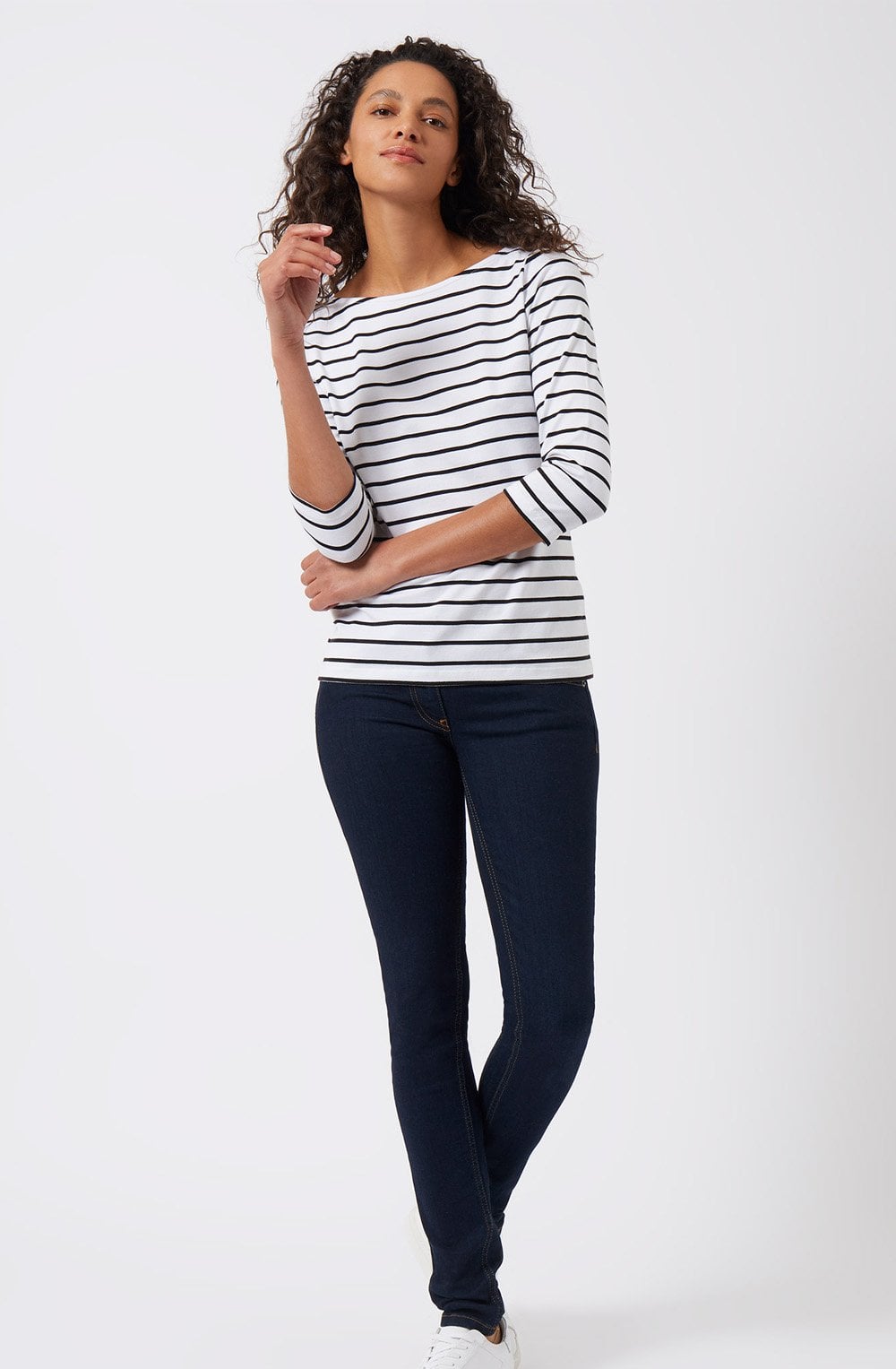 White and Navy Sleeved Top