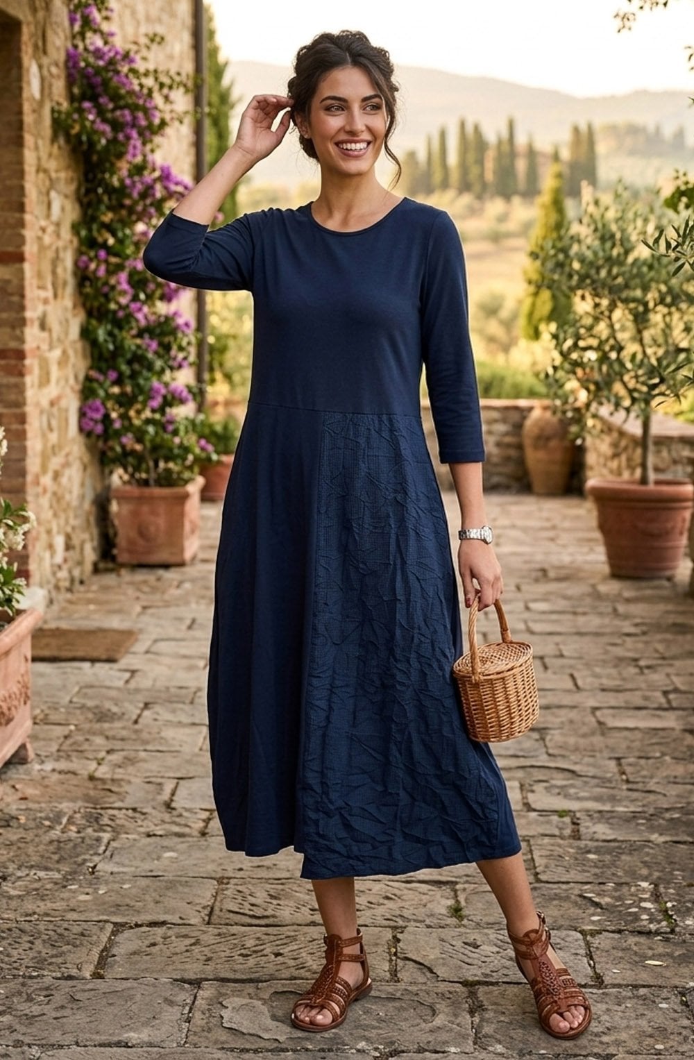 Denso Blue Jersey and Check Panel Tulip Dress