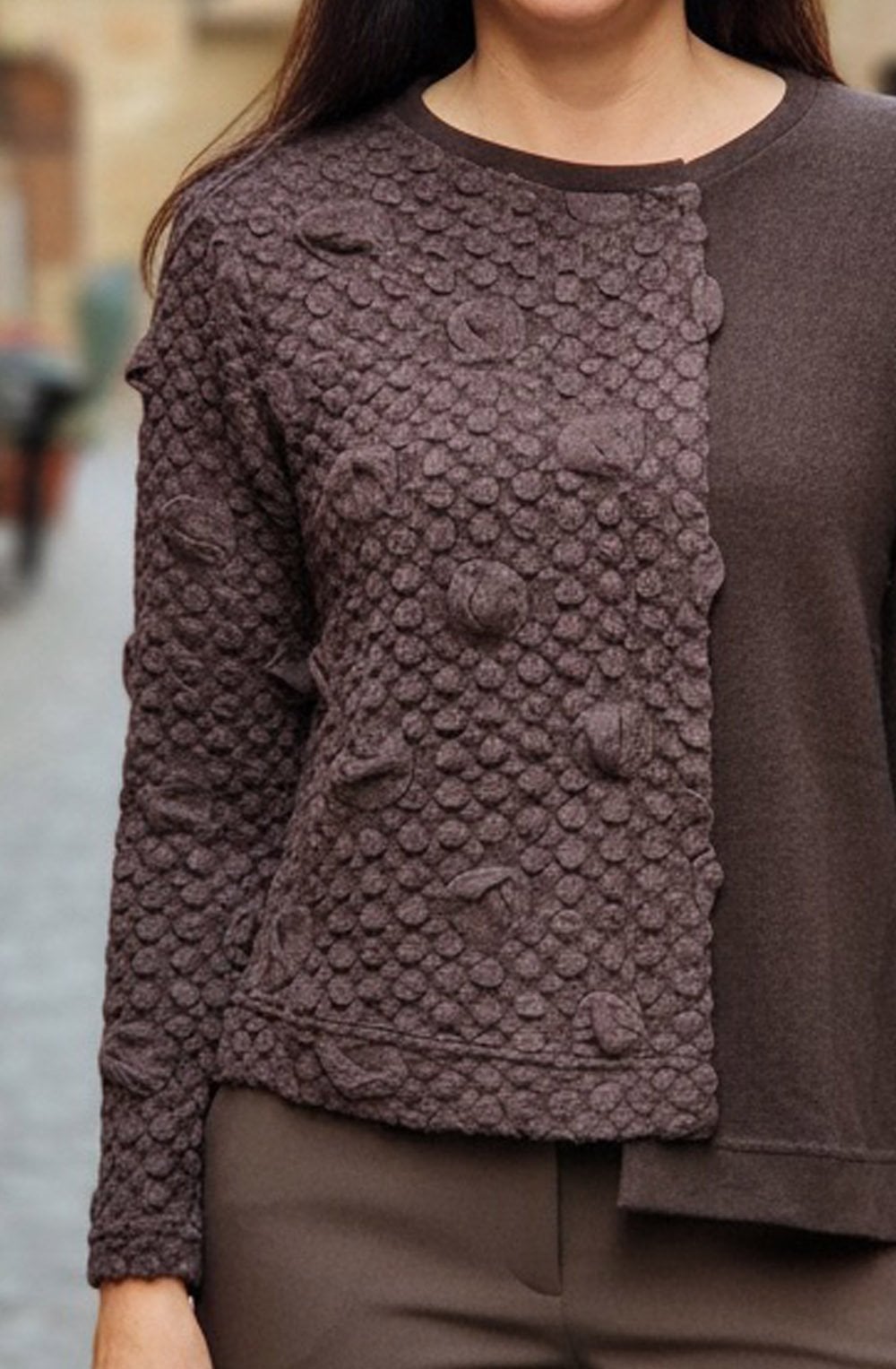 Deva Moro Brown Contrast Panel Asymmetric Hem Jumper