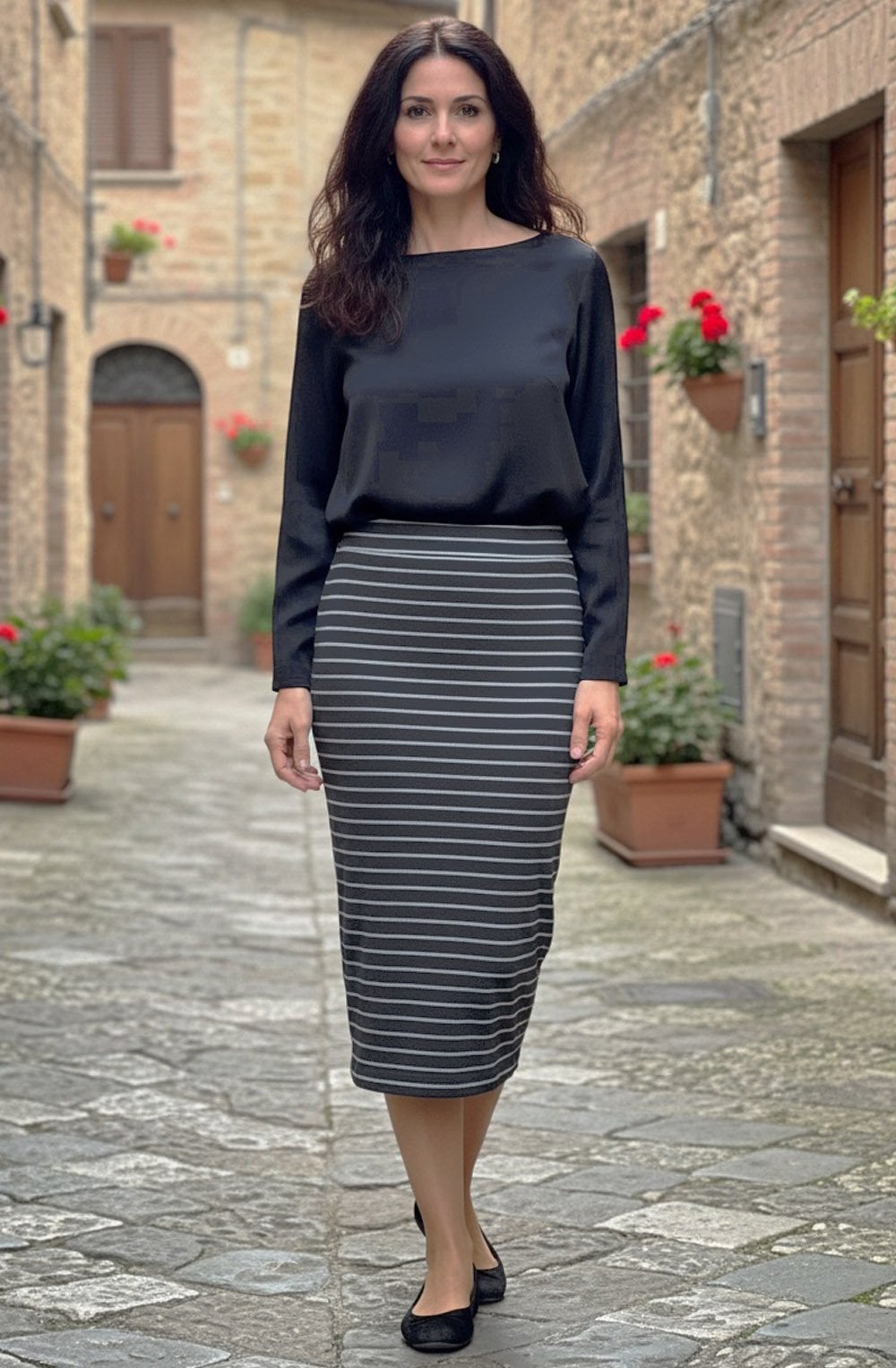 Lilla Riga Anthracite Striped Midi Skirt