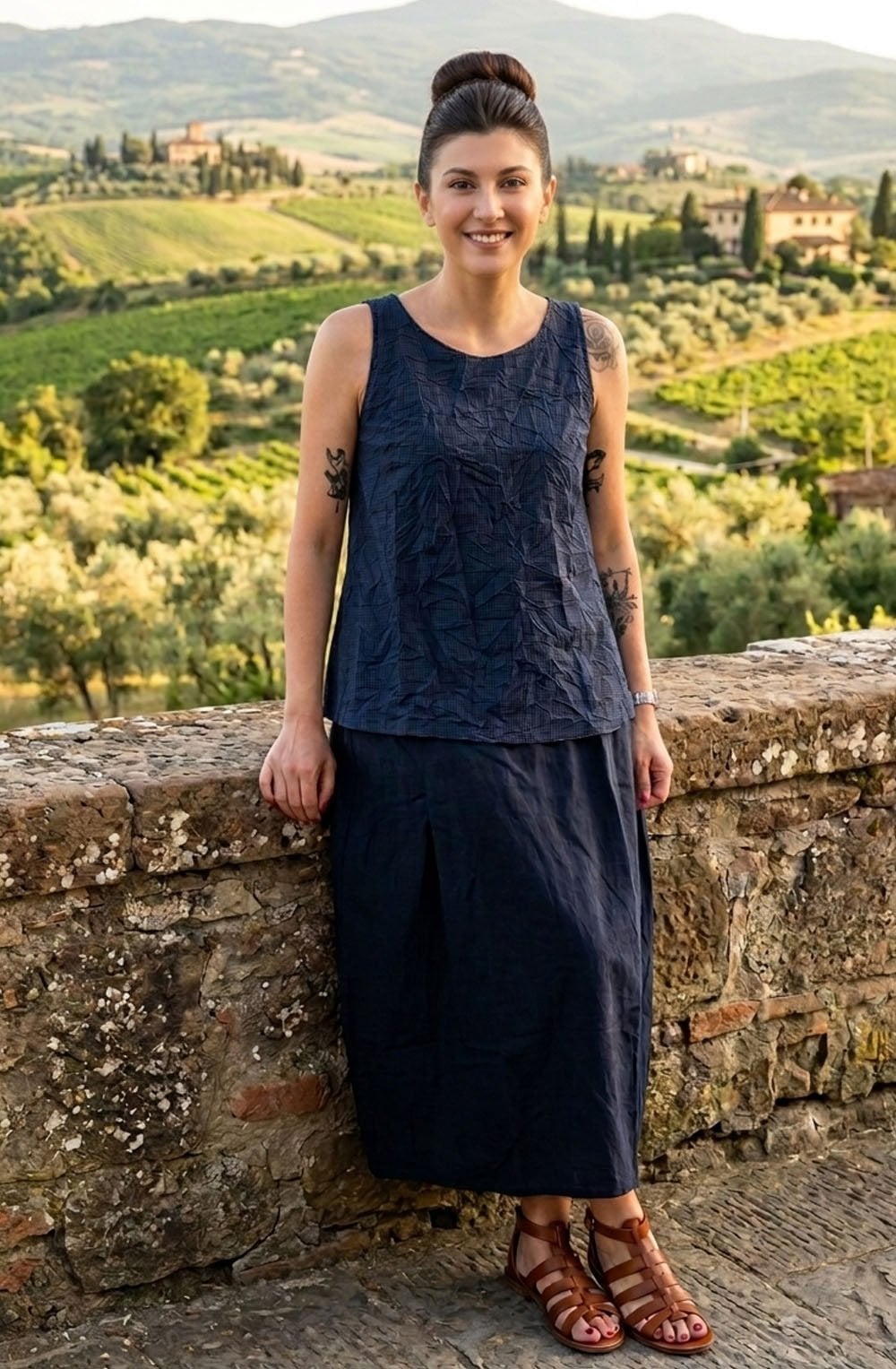 Luglio G Blu Check Trapeze Top