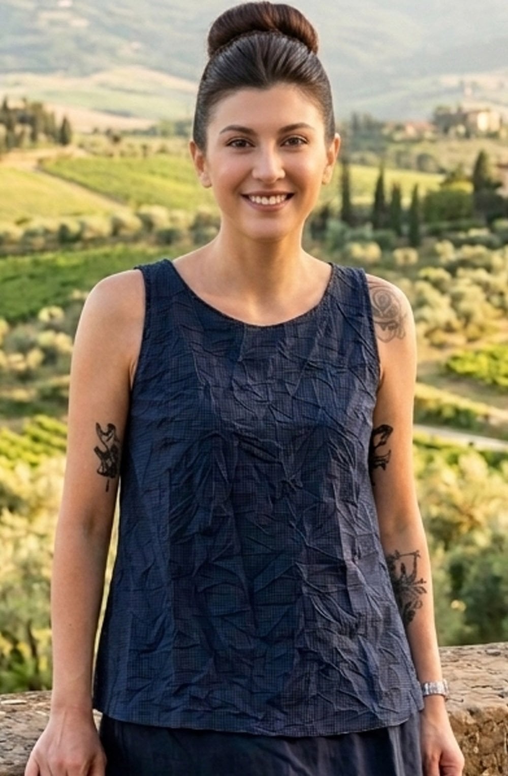 Luglio G Blu Check Trapeze Top