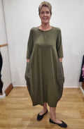 Soffice Alga Green Jersey and Linen Tulip Dress