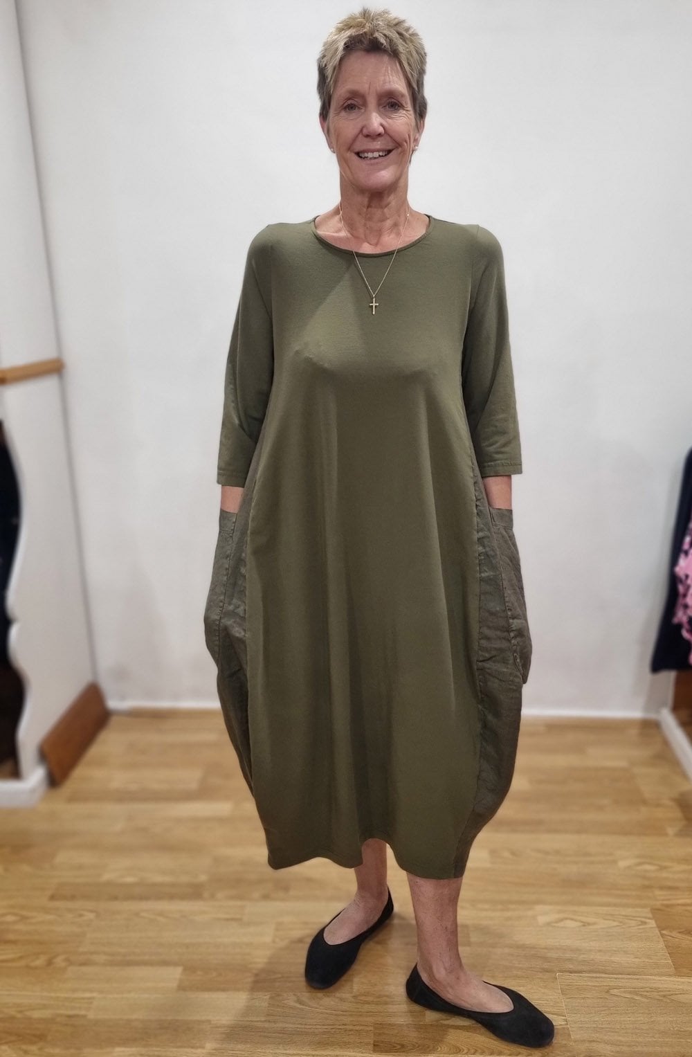 Soffice Alga Green Jersey and Linen Tulip Dress