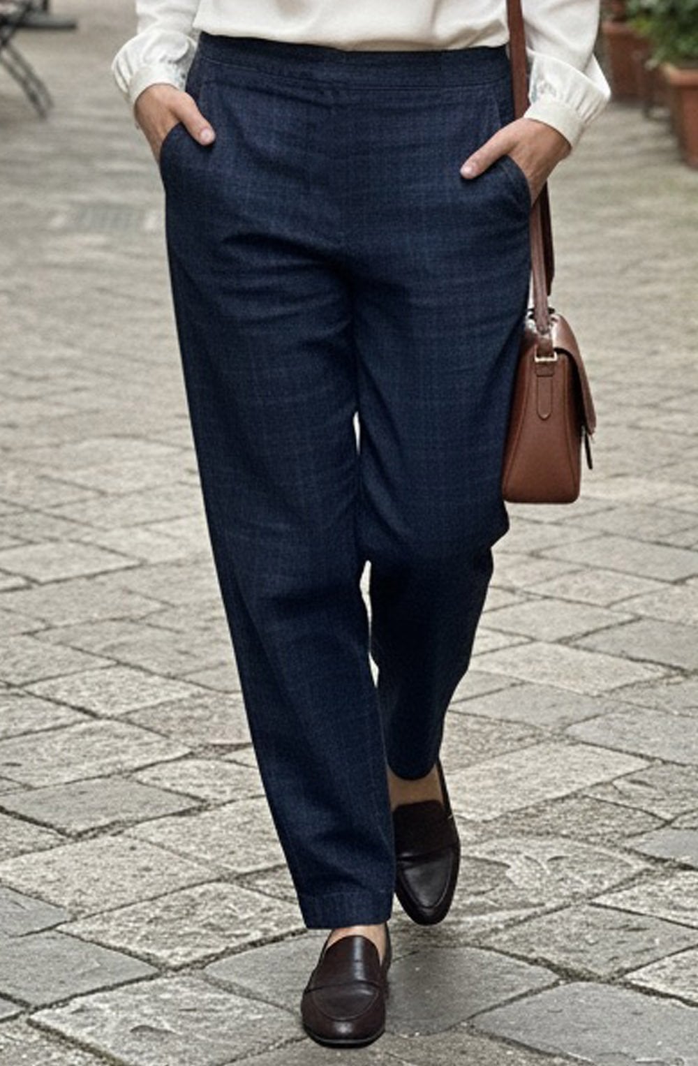 Terra PR Notte Navy Faint Check Velvet Trousers